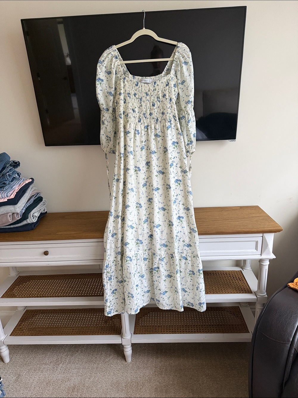 Faithfull the Brand Cream Maxi Dress with Blue Floral Print